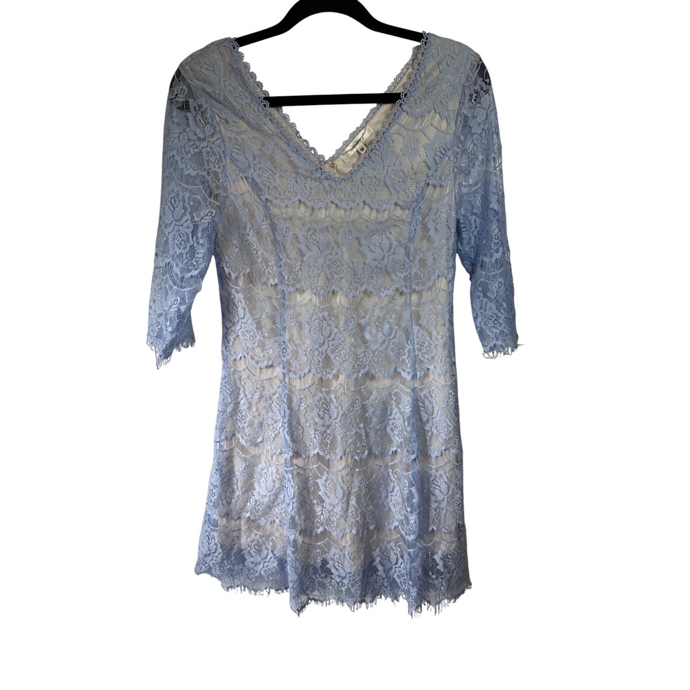 Andree by Unit‎ Blue Floral Lace V Neck 3/4 Sleeve Cocktail Dress Party SZ M